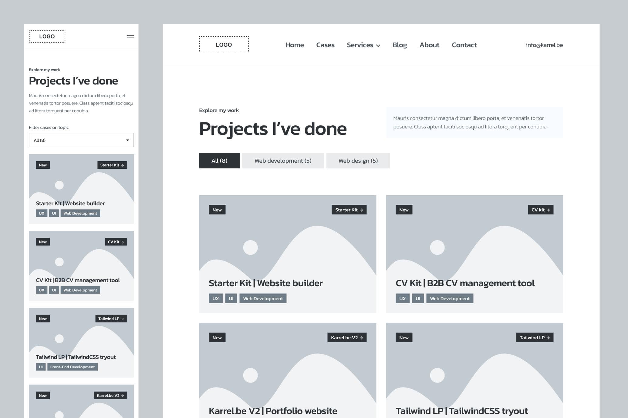 Wireframes of the project page for my Karrel V3 portfolio website